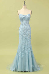 Light Yellow Light Blue Mermaid Scoop Neckline Applique Lace-Up Back Long Prom Gown