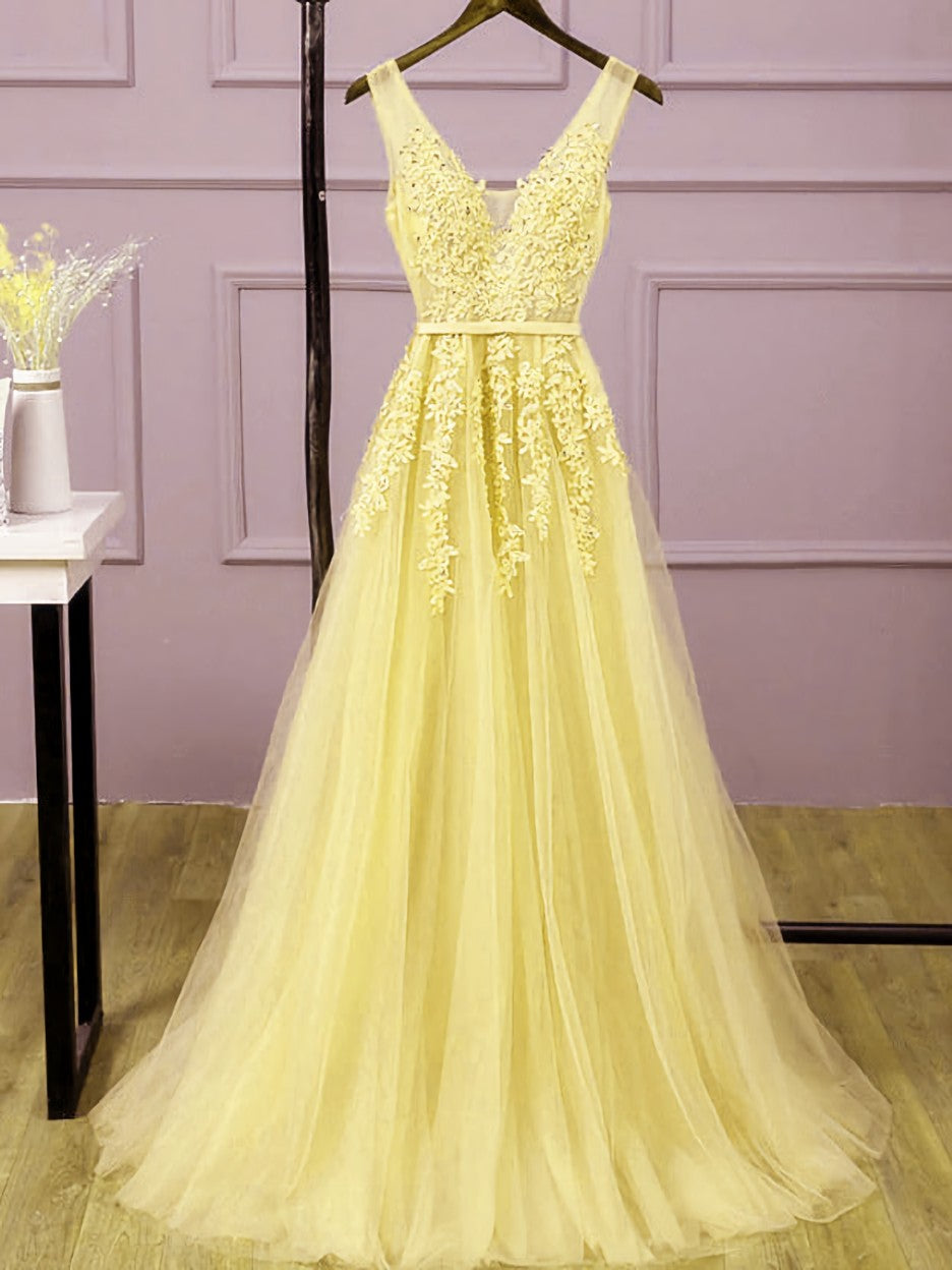 Light Yellow Tulle Long Party Dress, A-line Prom Dress Evening Gowns