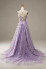 Lilac A-line Tulle Lace-up Back 3D Applique Long Prom Dress