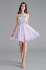 A-Line Tulle Sleeveless Beading Homecoming Dresses