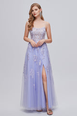 Lilac Appliques Lace-Up A-Line Long Prom Dresses with Slit