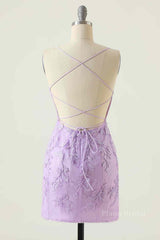 Lilac Sheath Scoop Neck Lace-up Back Applique Mini Homecoming Dress