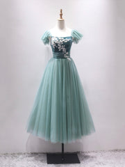 Green Velvet Tulle Tea Length Prom Dress, Cute A-Line Party Dress with Lace