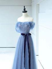 Strapless Tulle Blue Floor Length Prom Dress, A-Line Blue Evening Party Dress