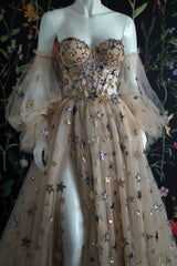 Champagne Tulle Long Prom Dress, Off the Shoulder Evening Dress with Stars