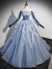 Blue Strapless Tulle Long Prom Dress, Chic A-Line Formal Dress with Long Sleeves