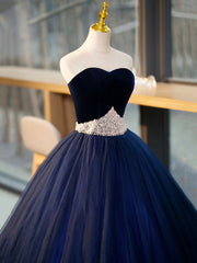 Blue Tulle Long Formal Dress with Velvet, Blue Sweetheart Neck Prom Dress