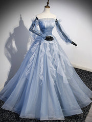 Blue Strapless Tulle Long Prom Dress, Chic A-Line Formal Dress with Long Sleeves