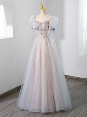 Cute Tulle Beaded Long Prom Dress, A-Line Short Sleeve Evening Dress