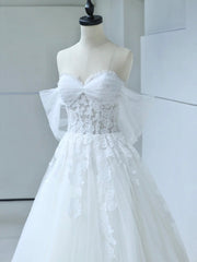 White Tulle Lace Long Prom Dress with Corset, Off the Shoulder Sweetheart Evening Dress