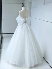 White Tulle Lace Long Prom Dress with Corset, Off the Shoulder Sweetheart Evening Dress