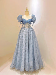 Blue Tulle Lace Long Prom Dress, Beautiful Short Sleeve Evening Dress