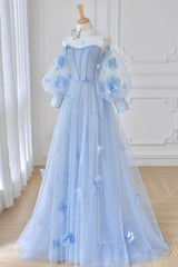 Blue Tulle Long Sleeve Prom Dresses, Cute A-Line Evening Dresses with Applique