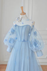 Blue Tulle Long Sleeve Prom Dresses, Cute A-Line Evening Dresses with Applique