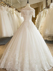 Long A-line Off Shoulder Court Train Lace Tulle Wedding Dresses with Sleeves