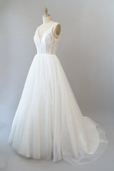 Long A-line Open Back Sequins Tulle Backless Wedding Dress