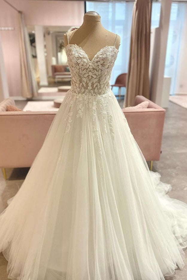 Long A-Line Spaghetti Straps Sweetheart Floral Lace Tulle Wedding Dress