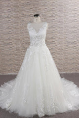 Long A-line Sweetheart Applqiues Lace Tulle Wedding Dress