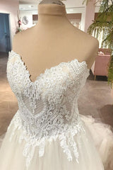 Long A-Line Sweetheart Backless Tulle Appliques Lace Wedding Dress