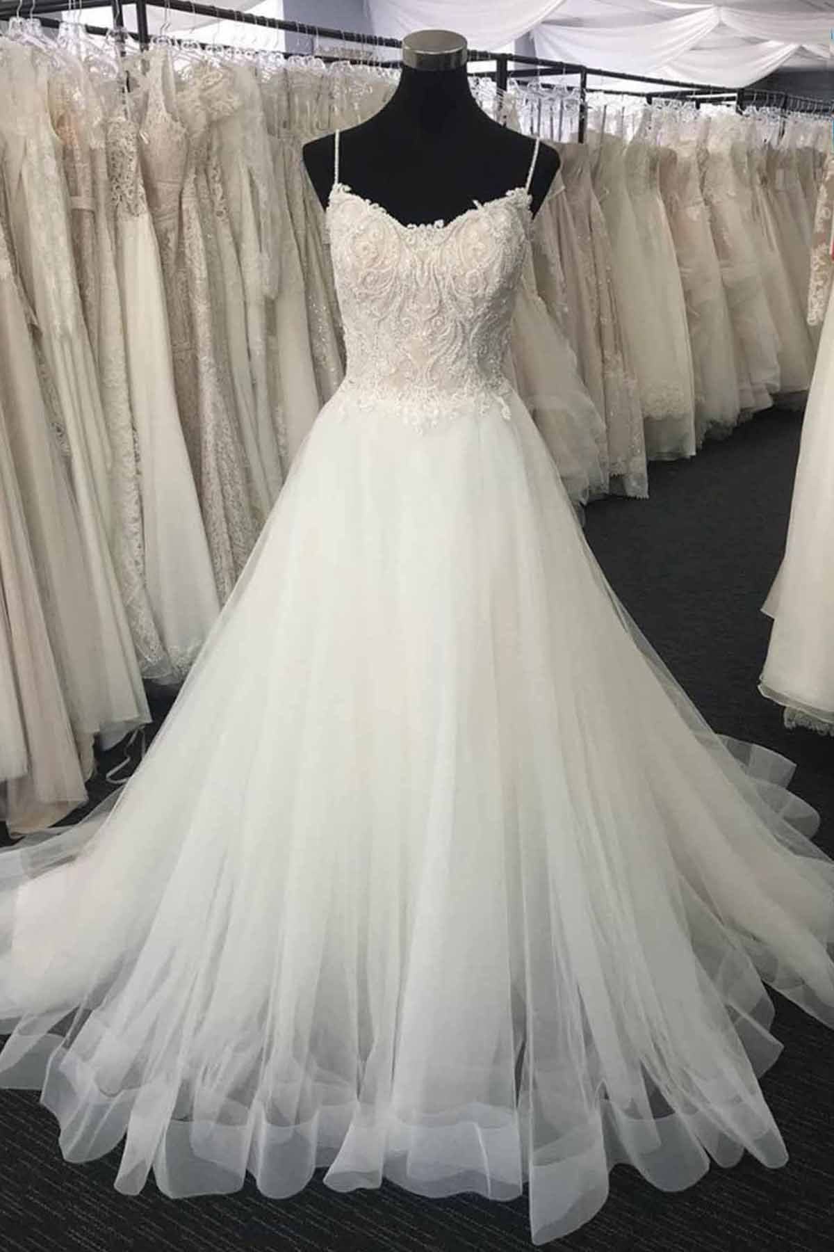 Long A-line Sweetheart Lace Tulle Wedding Dress