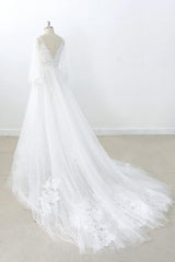 Long A-line V-neck Appliques Lace Tulle Backless Wedding Dress with Sleeves