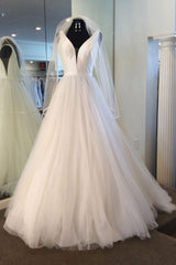 Long A-line V Neck Tulle Satin Wedding Dress