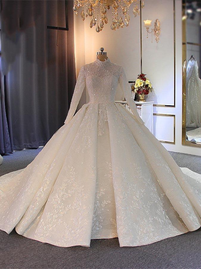 Long Ball Gown High Neck Tulle Lace Wedding Dresses with Sleeves