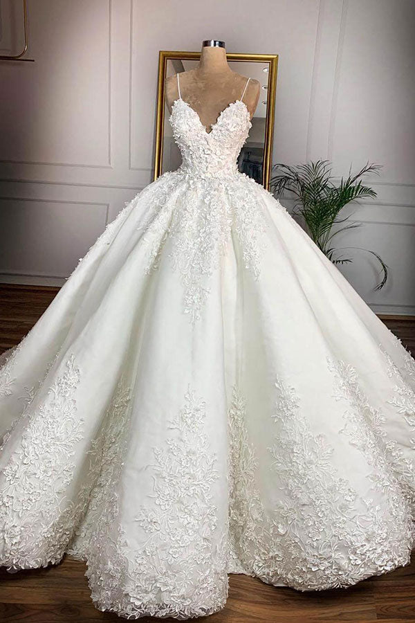 Long Ball Gown Spaghetti Strap Appliques Lace Satin Wedding Dress