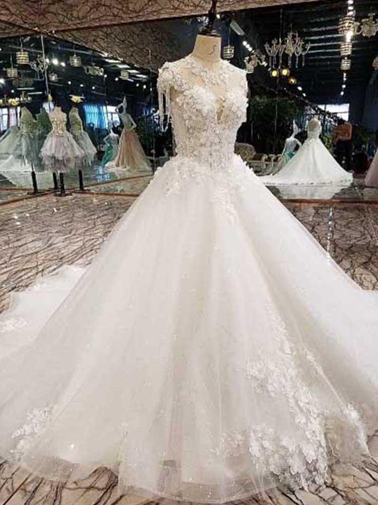 Long Ball Gown Sweetheart Appliques Tulle Wedding Dresses