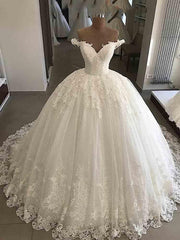 Long Ball Gown V-Neck Lace Tulle Wedding Dresses