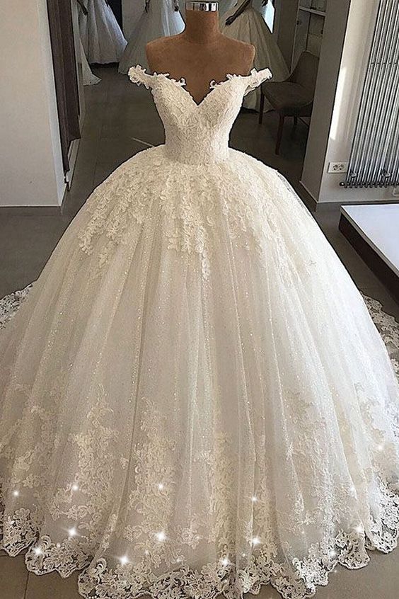 Long Ball Gowns Off-the-shoulder Lace Tulle Wedding Dresses