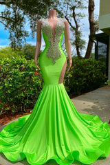Long Mermaid Deep Sequined V-neck Stretch Satin Backless Prom Dress with Appliques