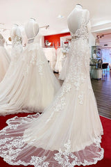 Long Mermaid Tulle Sleeveless Lace Backless Wedding Dress
