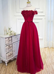 Long Party Dress, Off Shoulder Dark Red Prom Dress