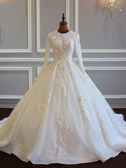 Long Sleeved Ball Gown Satin Wedding Dresses With Lace Flowers