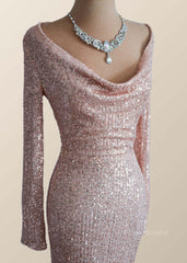 Long Sleeves Champagne Sequin Cowl Neck Dress
