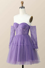 Long Sleeves Purple Lace and Tulle Short Homecoming Dress