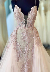 Plunging V-Neck Lace Long Prom Dresses, Pink Evening Dresses