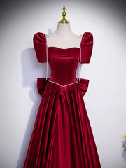 Beautiful Satin Floor Length Prom Dress with Bowknot, Burgundy Short Sleeve Evening Dress