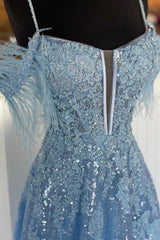 Blue Spaghetti Strap Sequined Lace Prom Dress, Blue Lace-Up Evening Dress