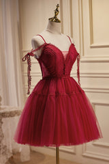 Burgundy Lace Short A-line Prom Dress, Cute Spaghetti Strap Party Dress