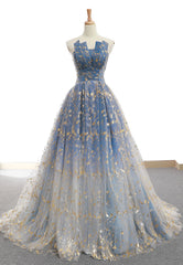 Blue Tulle Gradient Prom Dress, Blue A-Line Strapless Evening Dress