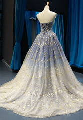 Blue Tulle Gradient Prom Dress, Blue A-Line Strapless Evening Dress