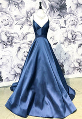 Blue Satin Long A-Line Prom Dress, Simple V-Neck Evening Dress
