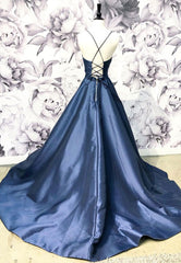 Blue Satin Long A-Line Prom Dress, Simple V-Neck Evening Dress