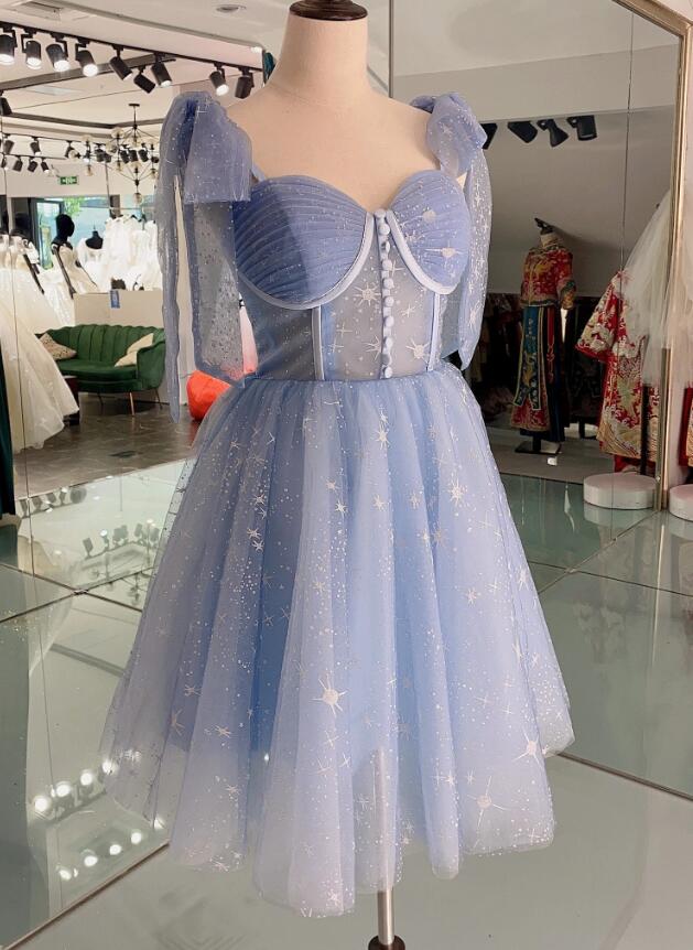Lovely Blue Short Tulle Homecoming Dress Prom Dresses, Blue Evening Dresses