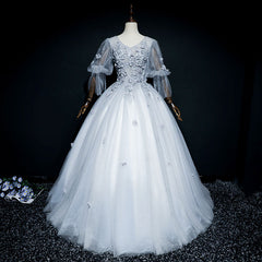 Lovely Grey Tulle Puffy Sleeves with Lace Long Formal Dress, Sweet 16 Dresses