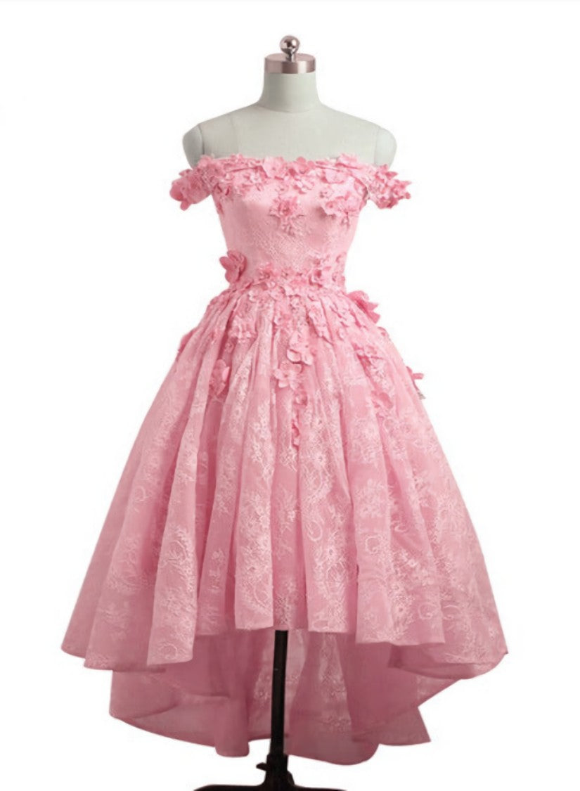 Lovely Lace Off Shoulder Pink Homecoming Dress, High Low Formal Dress
