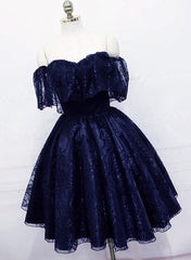 Lovely Navy Blue Lace Short Off Shoulder Prom Dress, Navy Blue Lace Homecoming Dresses