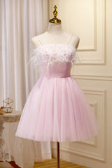 Lovely Pink Tulle Straps Knee Length Party Dresses, Pink Short Prom Dresses